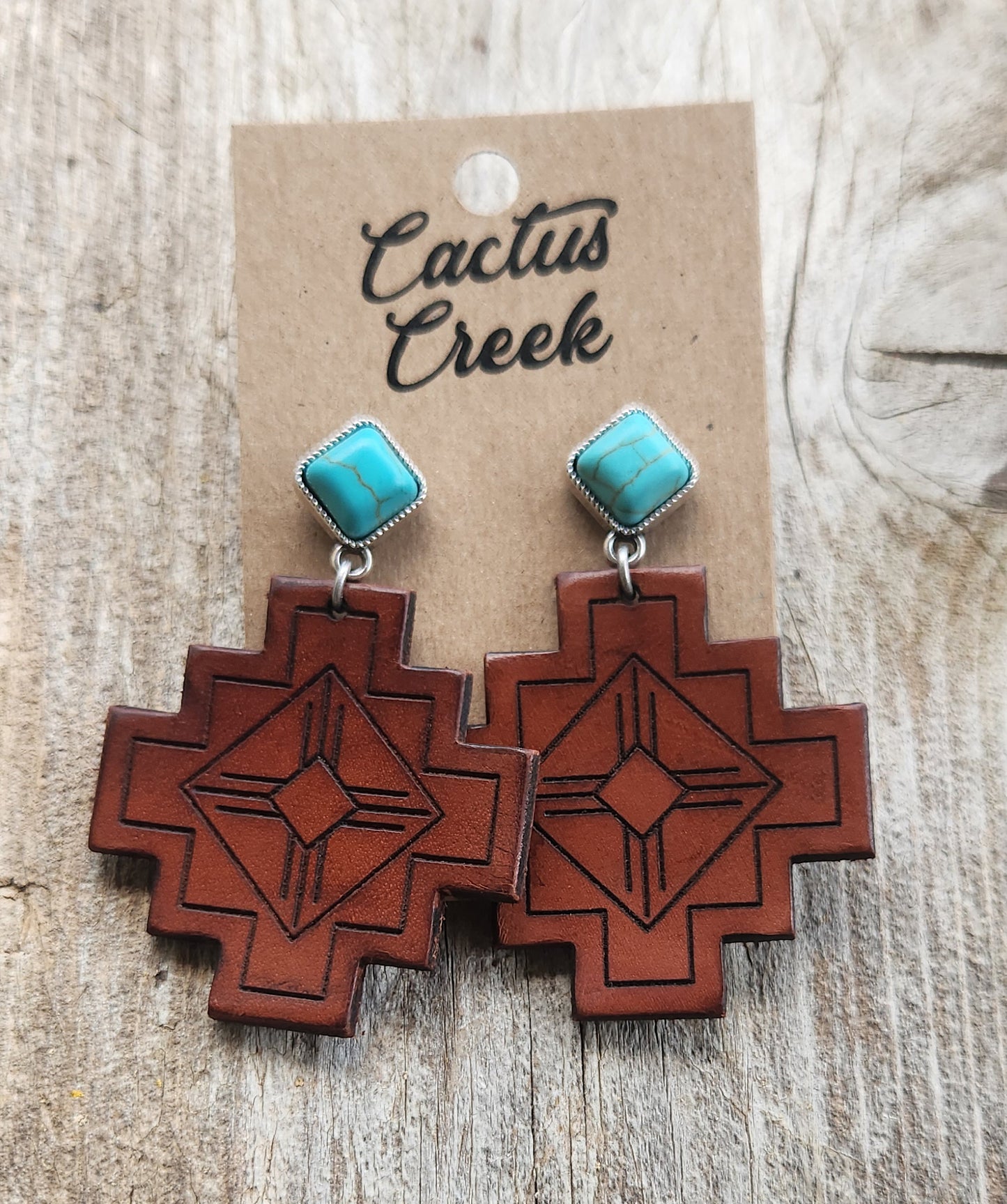 "Zia" Handmade Tooled Leather Aztec Earrings