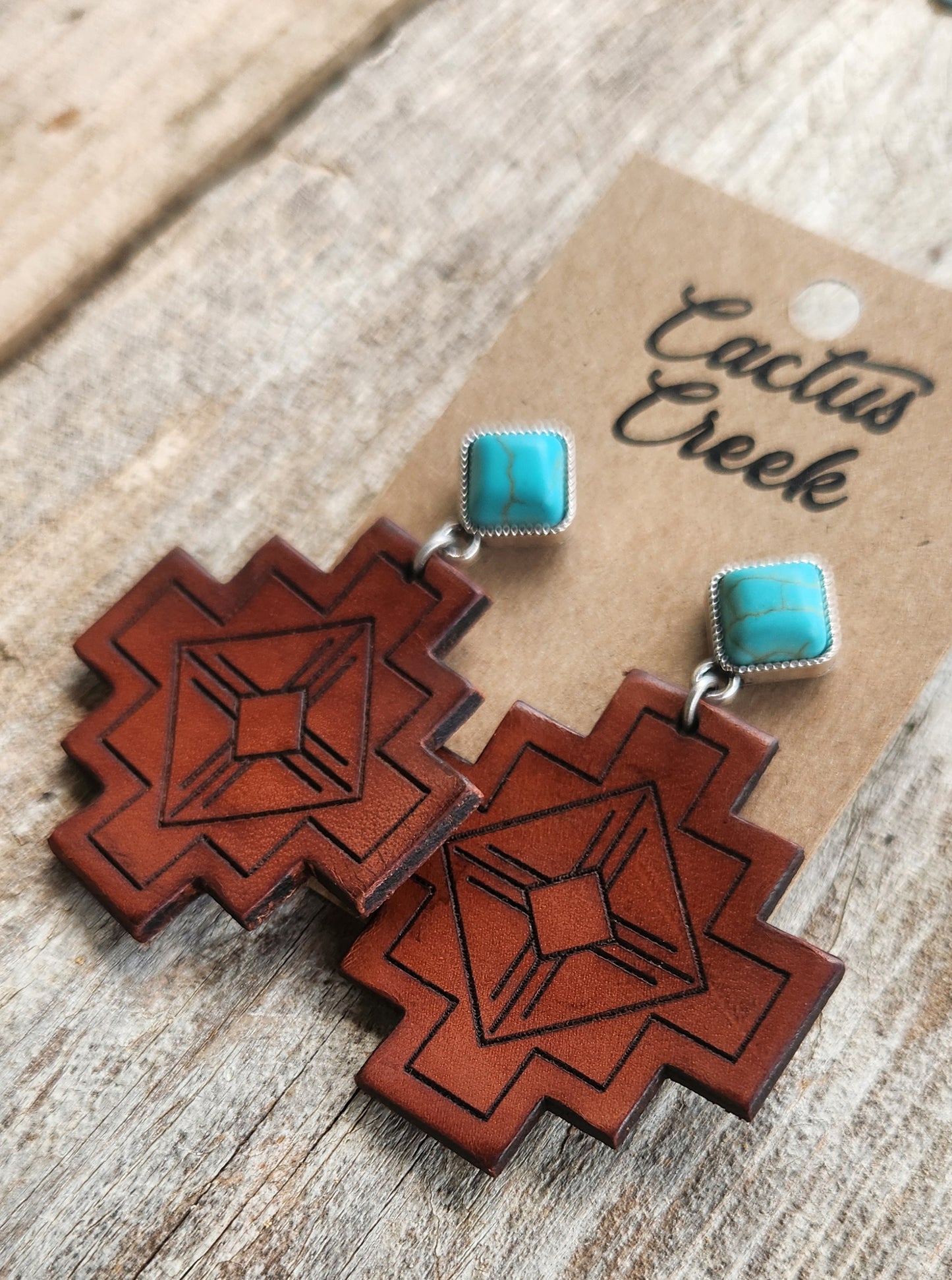 "Zia" Handmade Tooled Leather Aztec Earrings