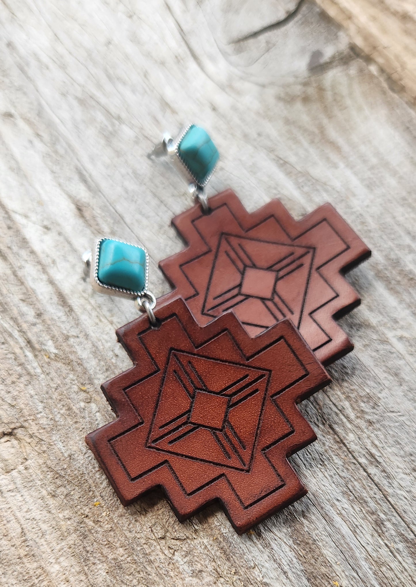 "Zia" Handmade Tooled Leather Aztec Earrings