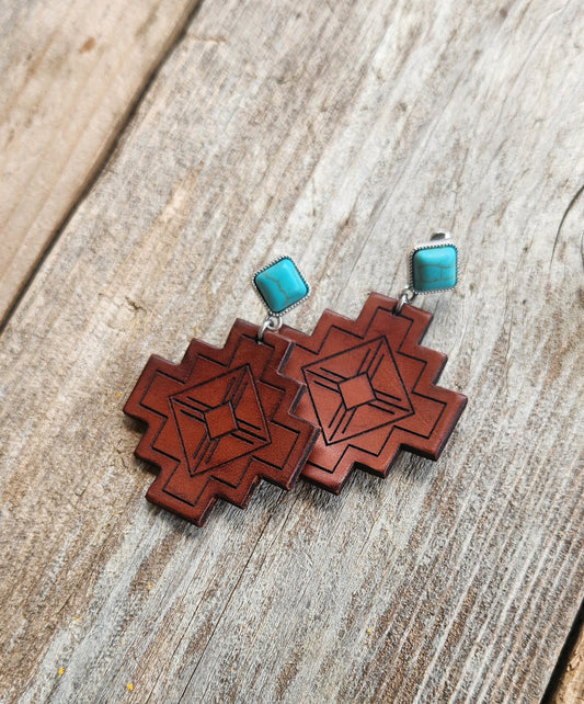 "Zia" Handmade Tooled Leather Aztec Earrings