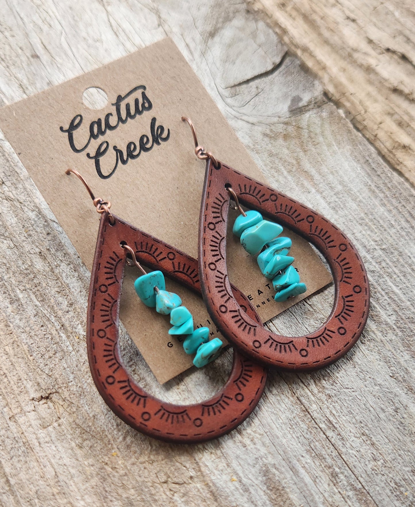 "Cassidy" Handmade Leather & Turquoise Chip Earrings