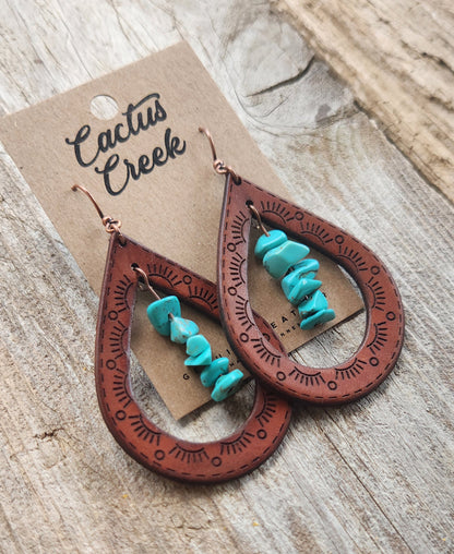 "Cassidy" Handmade Leather & Turquoise Chip Earrings