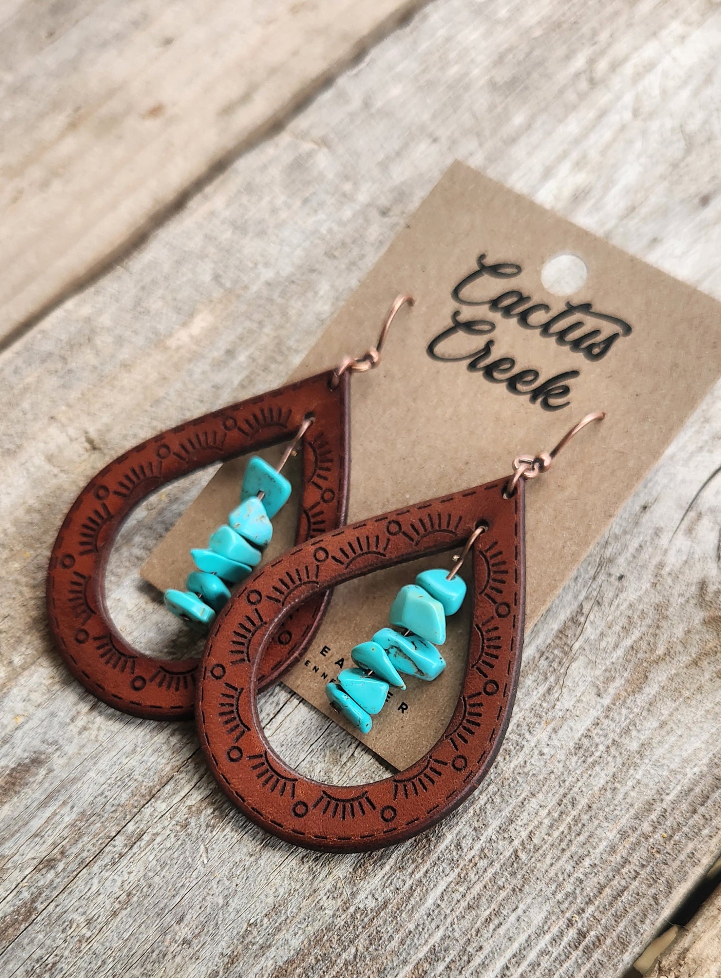 "Cassidy" Handmade Leather & Turquoise Chip Earrings