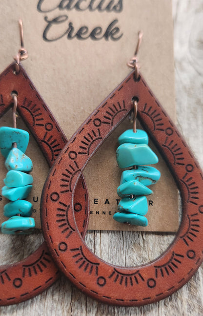 "Cassidy" Handmade Leather & Turquoise Chip Earrings