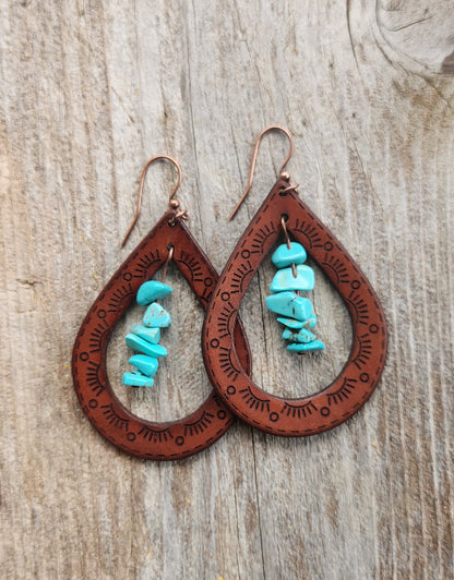 "Cassidy" Handmade Leather & Turquoise Chip Earrings