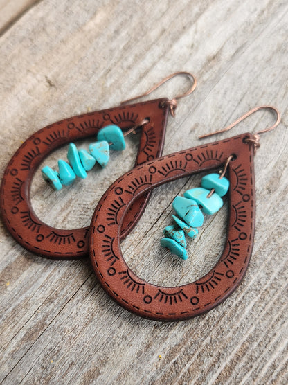 "Cassidy" Handmade Leather & Turquoise Chip Earrings